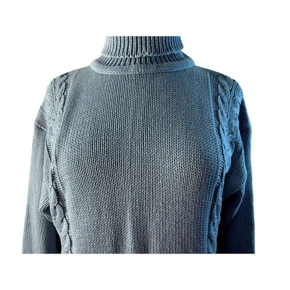 Eddie Bauer Blue Cotton Cable Knit Turtleneck Sweater Sz M Pullover Rib Borders - Picture 2 of 5